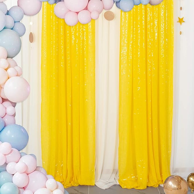 ShinyBeauty Sparkle Backdrop Curtain Yellow 2 Panels Set Sequin Photo Backdrop by ShinyBeauty