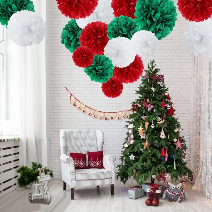 Easy Joy 17Pcs Christmas New Year Hanging Decoration Red Green White Paper Pom - Image 4