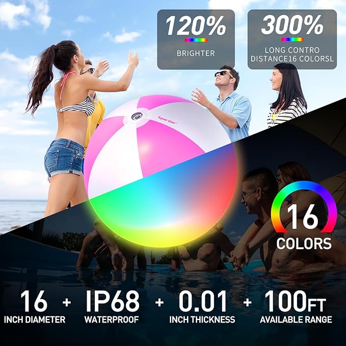 Spardar LED Beach Balls, 4 Pack 16 Inch Light up Beach Balls - Image 2
