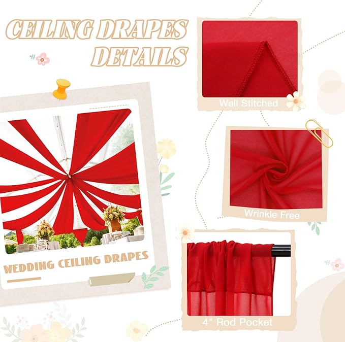 FUHSY Red Ceiling Drapes for Wedding Ceiling Drapes 5FTx20FT 2 Panels Sheer - Image 5