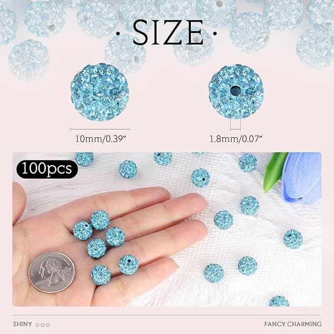 100 pcs 10mm Rhinestone Beads for Jewelry Making, Aquamarine Shiny Round - Image 2