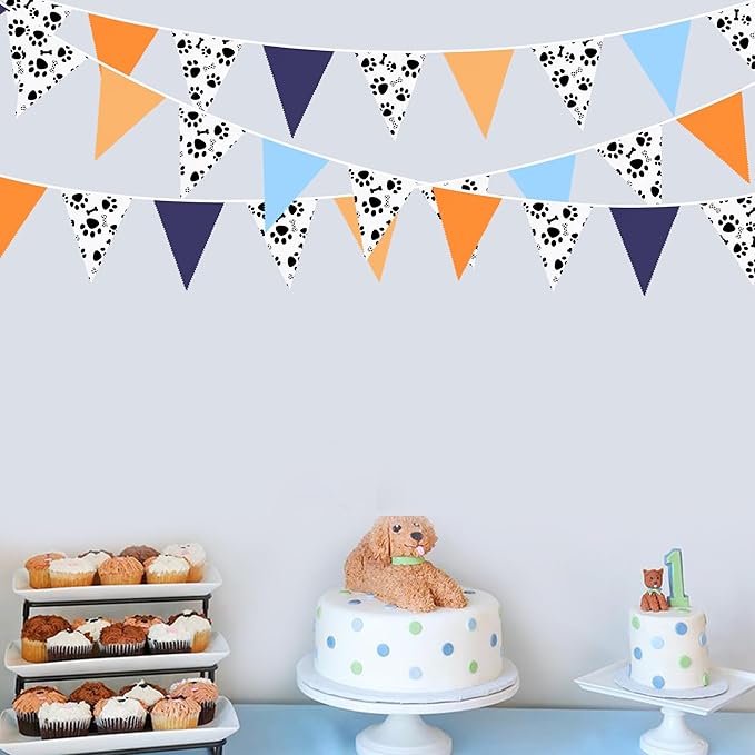 32Ft Orange Blue Dog Paw Party Decorations Puppy Paw Print Fabric Banner - Image 5