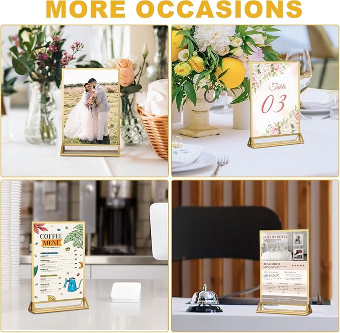 EHWINE 12 Pack Acrylic Sign Holder 4 x 6, Double Sided Gold Picture Frame Stand - Image 6