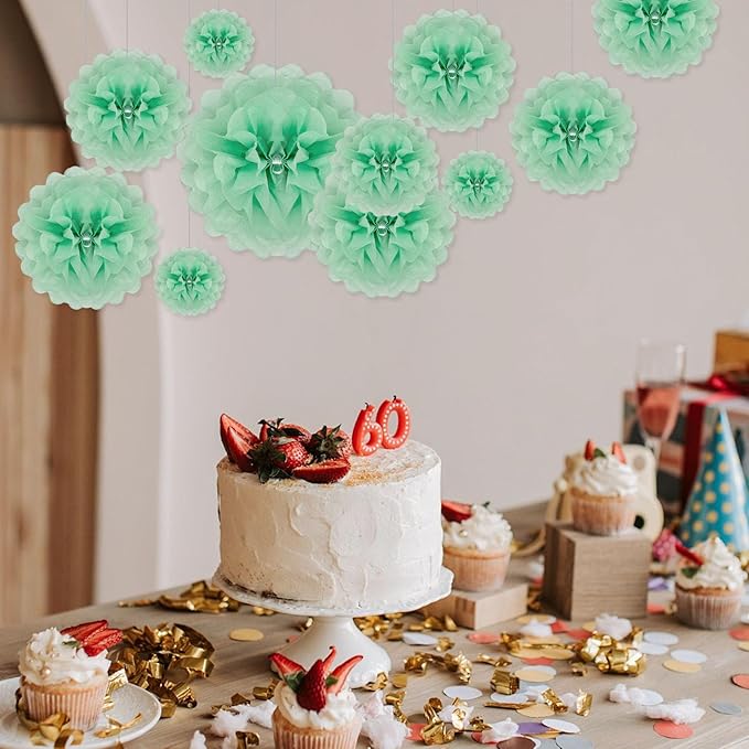 Tissue Paper Pom Poms, Light Green Tissue Paper Flowers, Hanging Flower Balls - Image 3