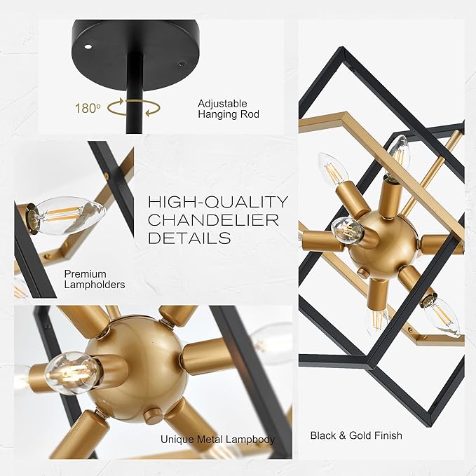 18.9'' Black Gold 8-Light Sputnik Chandelier Modern Industrial Adjustable - Image 2