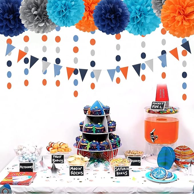 Blue-Silver Orange Space Party-Decorations Streamers-Garland - Image 4