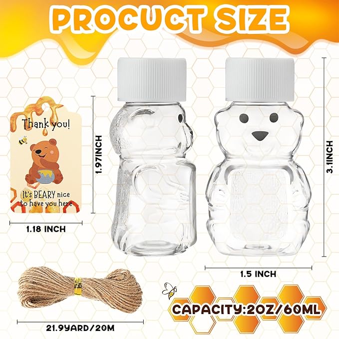 96 Sets 2 oz Plastic Honey Bear Bottle Bear Shape Clear Empty Honey Jar 96 Tags - Image 2