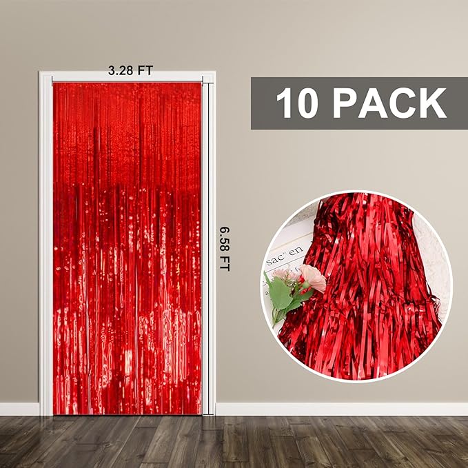 10 Pack Foil Curtain Backdrop Red Metallic Tinsel Foil Fringe Curtains Photo - Image 7