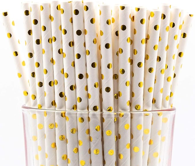 Pack of 900 Gold Polka Dot Foil Biodegradable 4-Ply Paper Drinking Straws by Stephanie+Imports