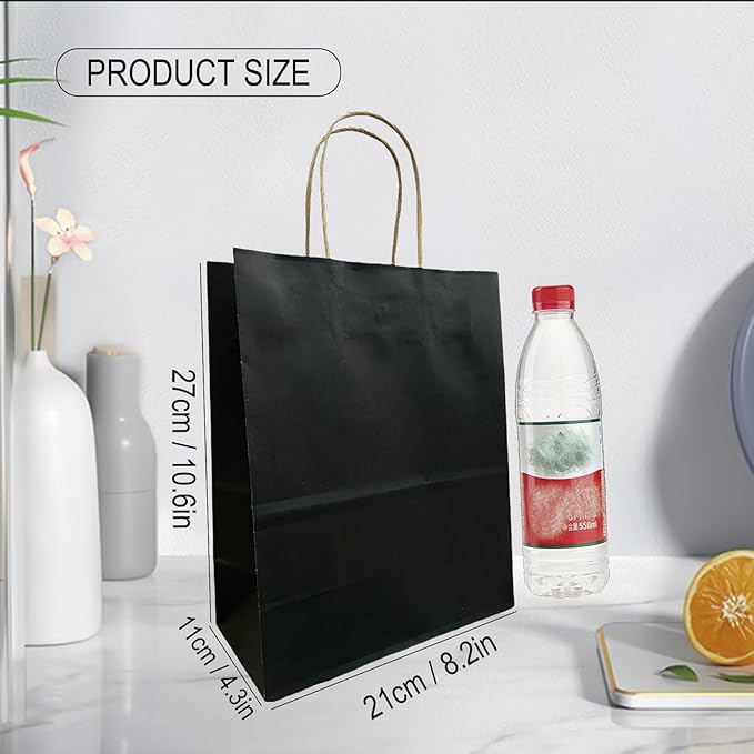 BAG BOX 100 Pack Medium 8.25x4.3x10.6 Inch Black Kraft Paper Gift Bags - Image 2