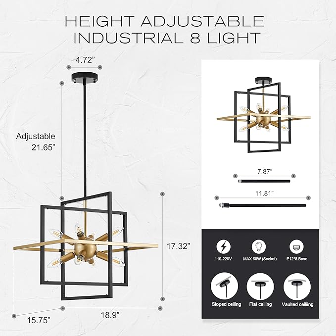 18.9'' Black Gold 8-Light Sputnik Chandelier Modern Industrial Adjustable - Image 3