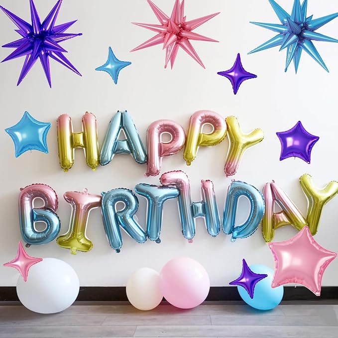16 Pcs Pink Purple Blue Star Balloons, 22/18/10 Inch Foil Balloons, - Image 4