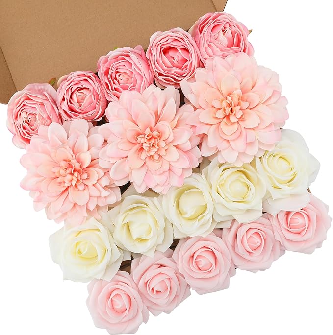 Floweroyal Pink Artificial Flowers Fake Rose Flowers Dahlia by FloweroyalCrafts