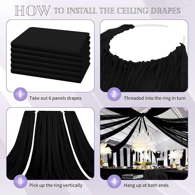 6 Panels Black Ceiling Drapes for Wedding 5ftx10ft Chiffon Fabric Arch Draping - Image 4