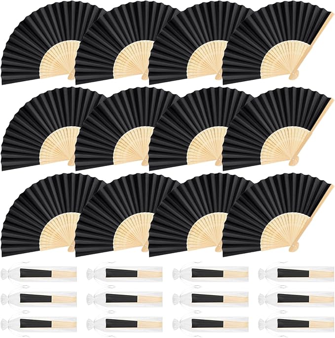 12 Pieces Black Hand Held Bamboo Folding Fans Paper Fans Handheld by Bringsparkletoeverydaylife