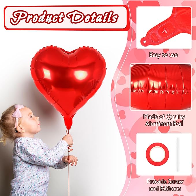 24 Pcs Red Heart Balloons, 18 inch Heart Shape Foil Balloons Love Balloon - Image 5