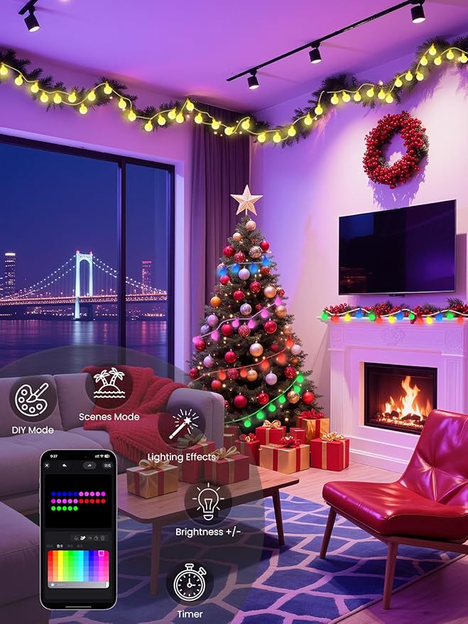 78ft Smart Color Changing Christmas Lights, 200 LED RGB Globe String Lights App - Image 6