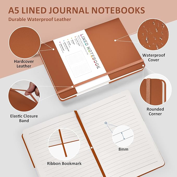 Lined Journal Notebook for Women Men, 200 Pages A5 Hardcover Leather Journals - Image 2