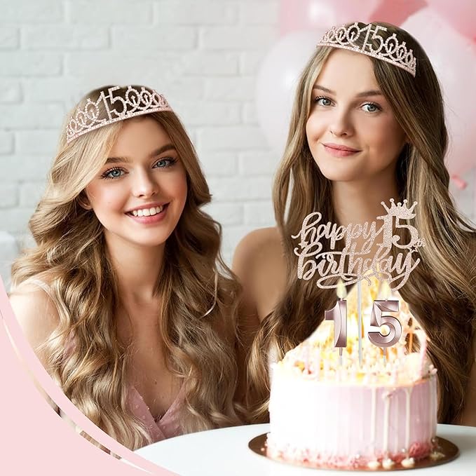 15th Birthday Decorations for Girls, Including Sash, Crown/Tiara, Cake Toppers. - Image 2