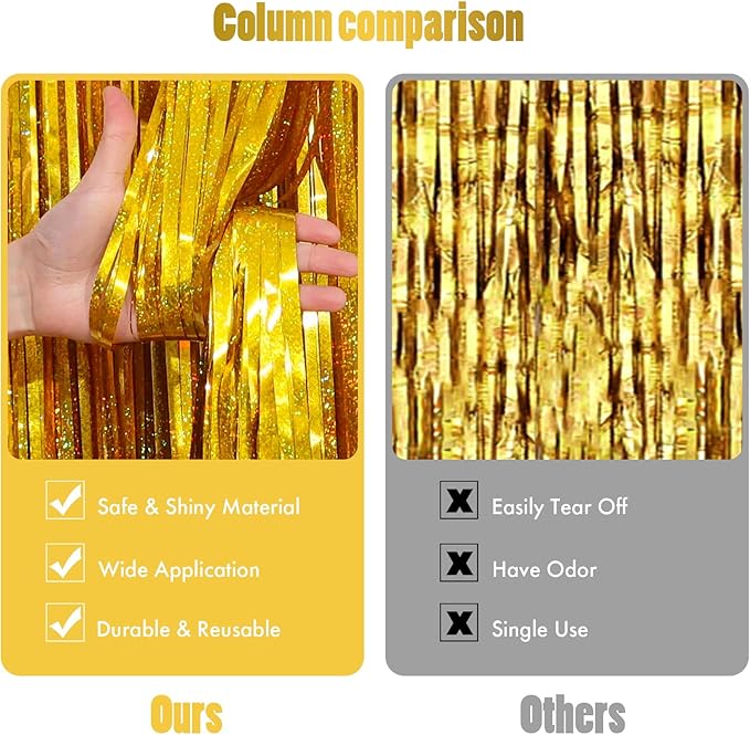 CANREVEL 2 Pack 3.3x8.2 Feet Laser Gold Foil Fringe Backdrop Curtains, Tinsel - Image 2