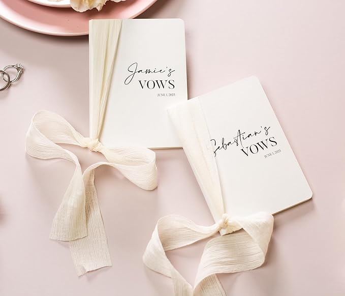 Modern Album Designs Set of Custom Slim White Vow Books w/Ribbon - Image 3