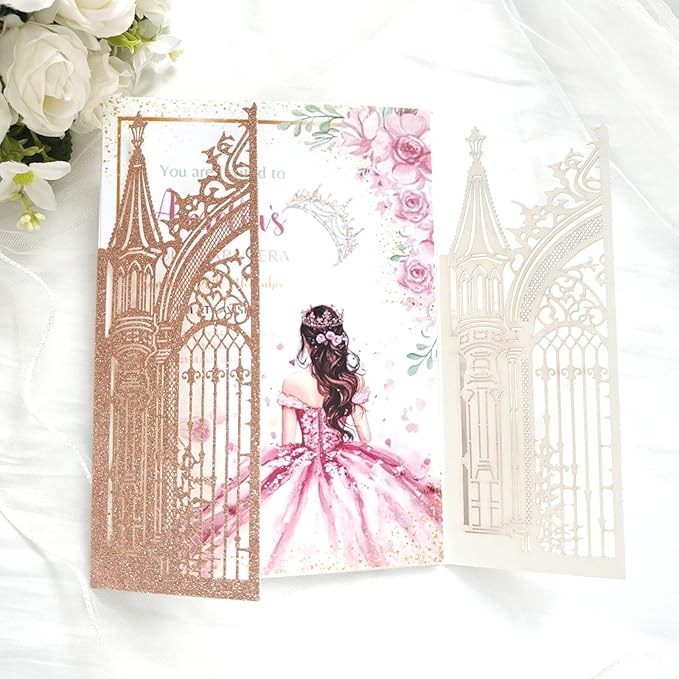 20PCS Laser Cut Wedding Invitations, Wedding Invitation Card Pocket, Quince - Image 3