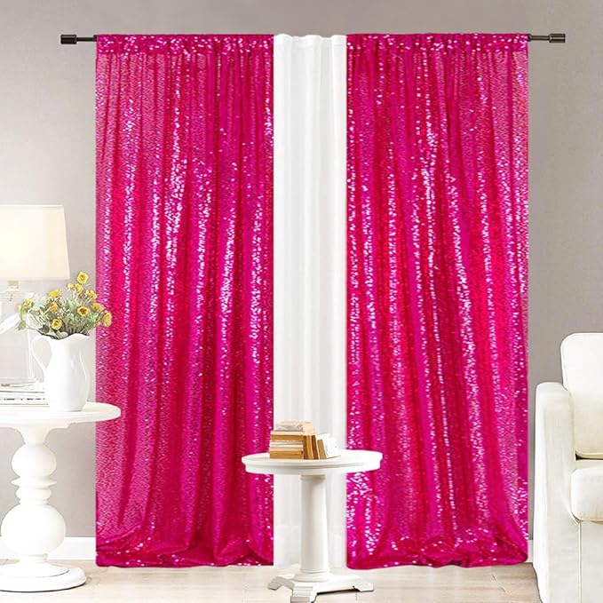 Eternal Beauty Hot Pink Sequin Backdrop Curtains, Valentine's Day Shimmer Back - Image 4
