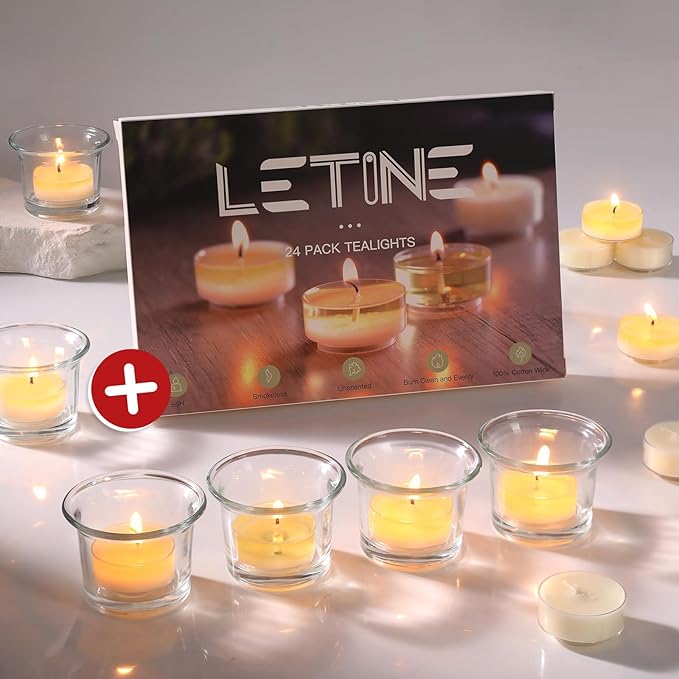 LETINE 24pcs Clear Tealight Candle Holder & 24pcs White, Unscented Soy Wax Tea by LETINE