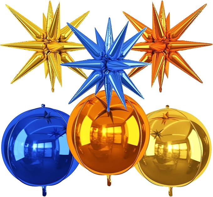 6Pcs Blue Orange Gold Foil Balloons, 22Inch Orange Blue Gold 4D Round Ball by Adorely