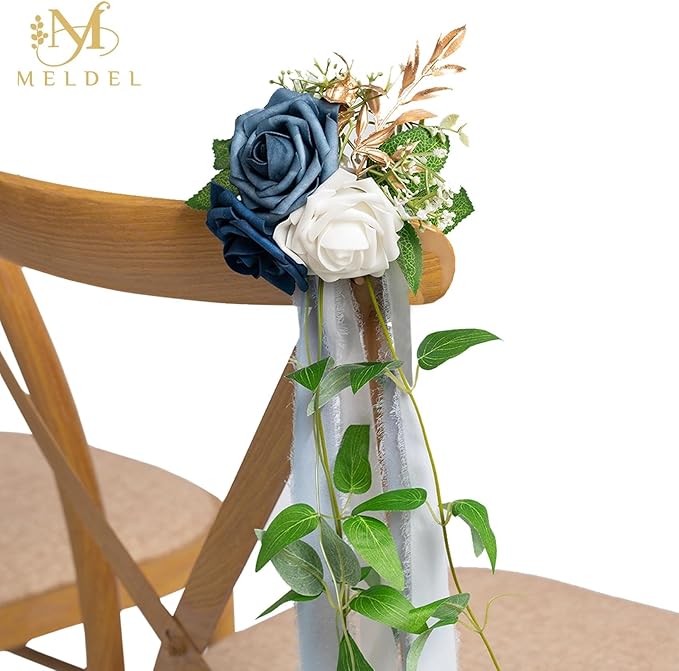 Meldel 10Pcs Elegnat Wedding Chair Back Decorations Aisle Artificial Blue White - Image 8