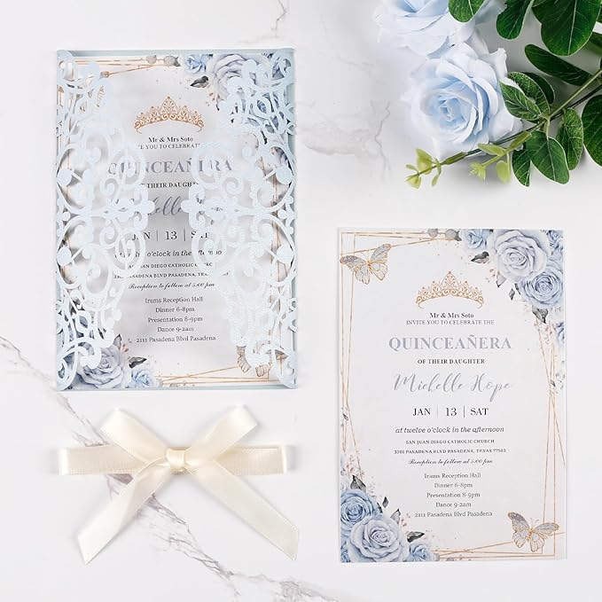 50pcs Laser Cut Wedding Invitation Pockets 5x7 '' Dusty Blue Wedding - Image 3