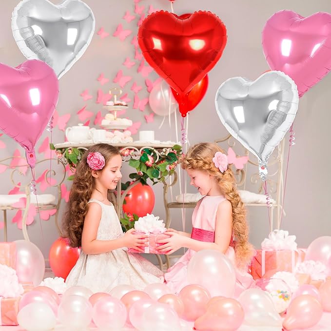 24 Pcs Red Pink Silver Heart Balloons, 18 inch Heart Foil Balloons Love - Image 3
