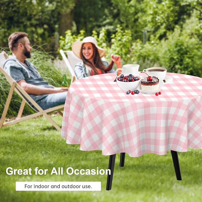 QIKSION Pink Gingham Round Tablecloth 2 Pack, 84 Inch Plastic Checkered Table - Image 4
