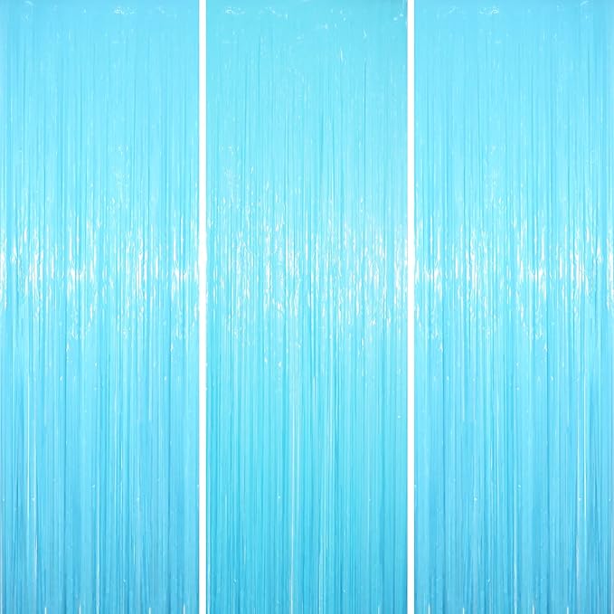 3 Pack 3.3 x 8.2 ft Pastel Blue Foil Fringe Backdrop Curtains, Tinsel Streamers by Voircoloria