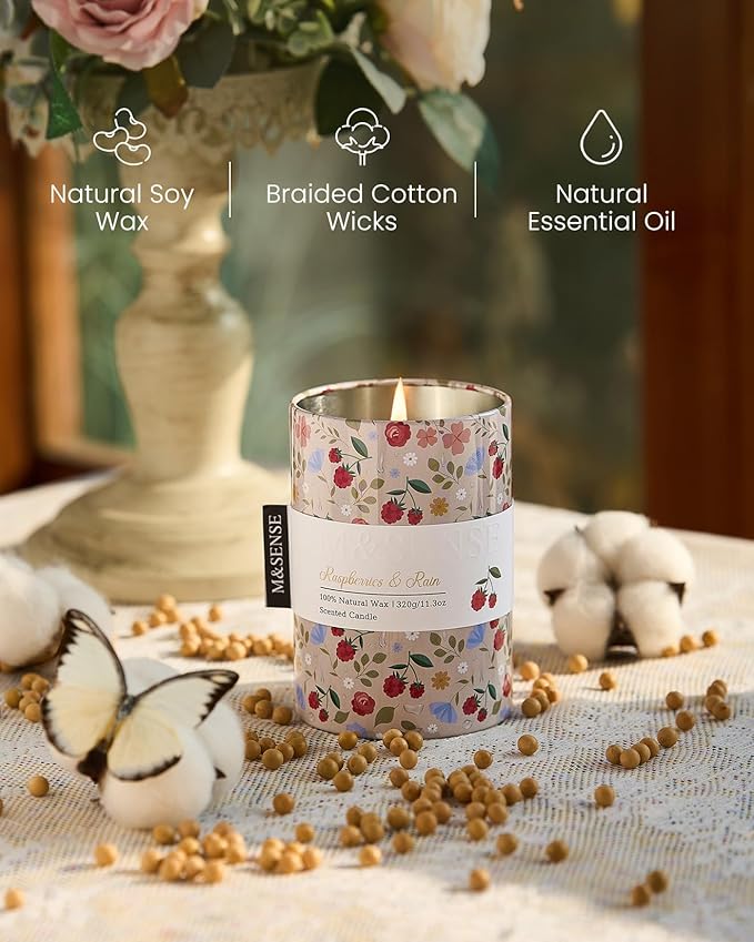 M&SENSE Raspberries Rain Scented Candle, Medium Jar Candle 11.3oz Natural Soy - Image 3