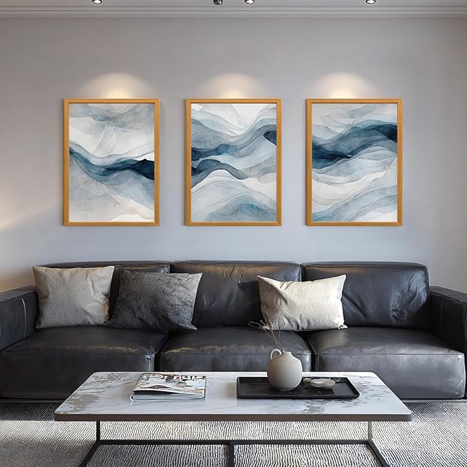 IAFWZX Wood Framed Blue Gray Abstract Wall Art, Modern Minimalist Waves Wall - Image 5