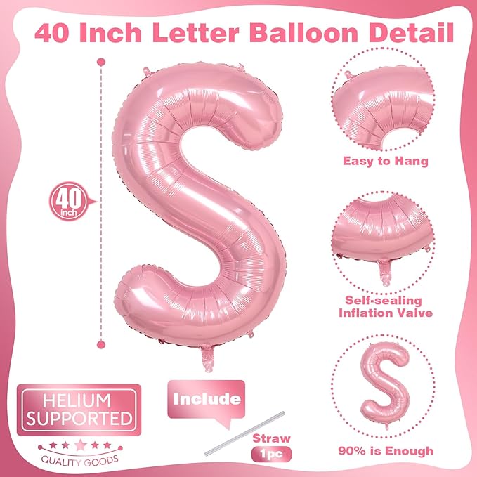 Self Inflating Pastel Pink S Letter Balloon, 40 Inch Large Alphabet Foil Custom - Image 2