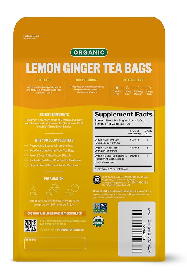 FGO Organic Lemon Ginger Tea, Eco-Conscious Tea Bags, Resealable Bag, Caffeine - Image 2