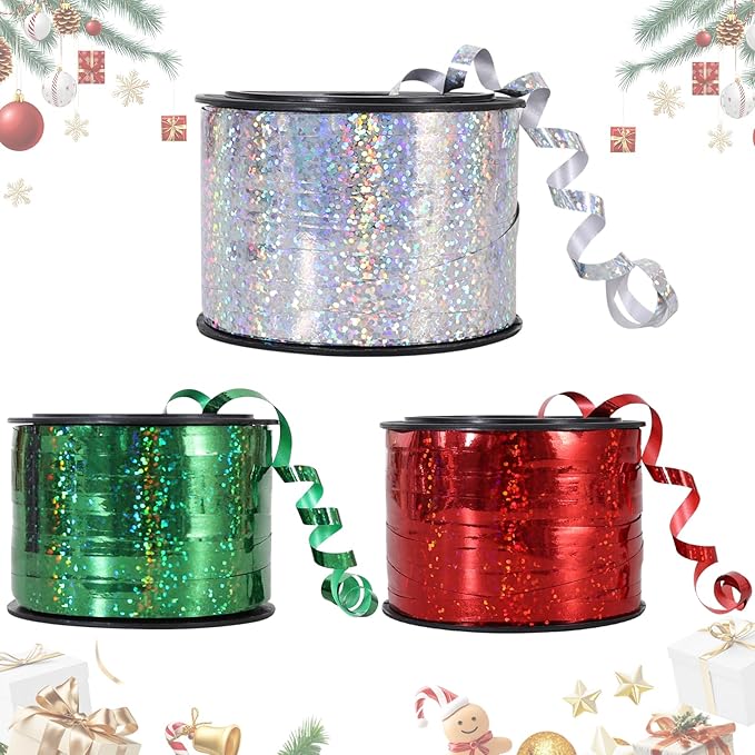 BEISHIDA 3 Pack Christmas Curling Ribbons Red Green Silver Balloons String by Beishida