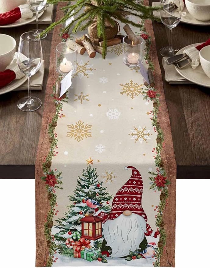 Christmas Gnomes Cotton Linen Table Runner by Unknown