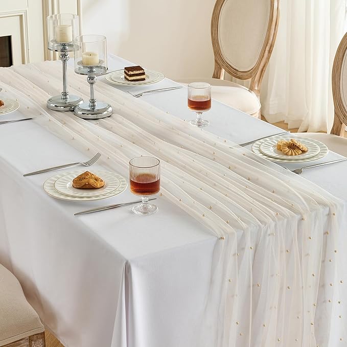 Fanami 3 Pack Pearl Table Runner -10FT Champagne Gold Boho Tulle Table Runners - Image 7
