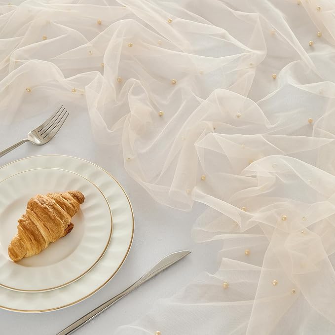 Fanami 1 Pack Pearl Table Runner -10FT Champagne Gold Boho Tulle Table Runners - Image 2