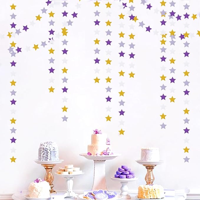 Purple-Lavender White-Gold Party-Decorations Star Garland - 62ft Streamers - Image 5