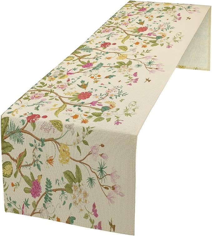 Floral Table Runner, Vintage Birds Wildflowers Herbs Nature Theme Linen Long - Image 8