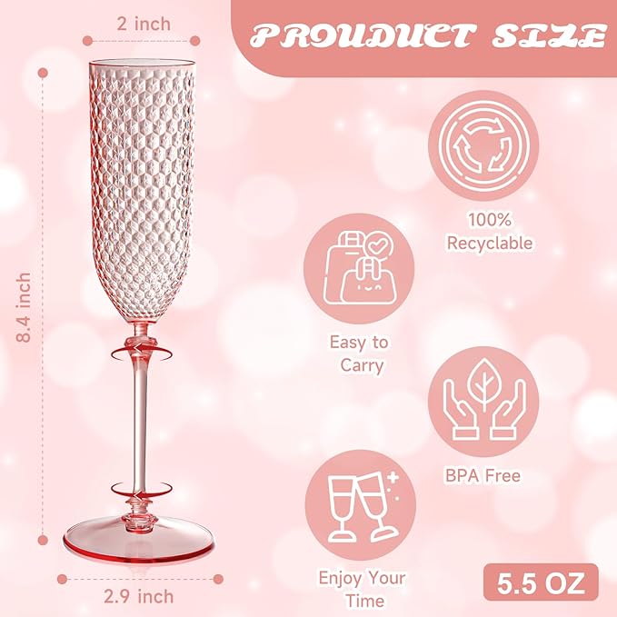 100 Pack Pink Detachable 2 piece Champagne Flutes 5.5 Oz Unbreakable Plastic - Image 2