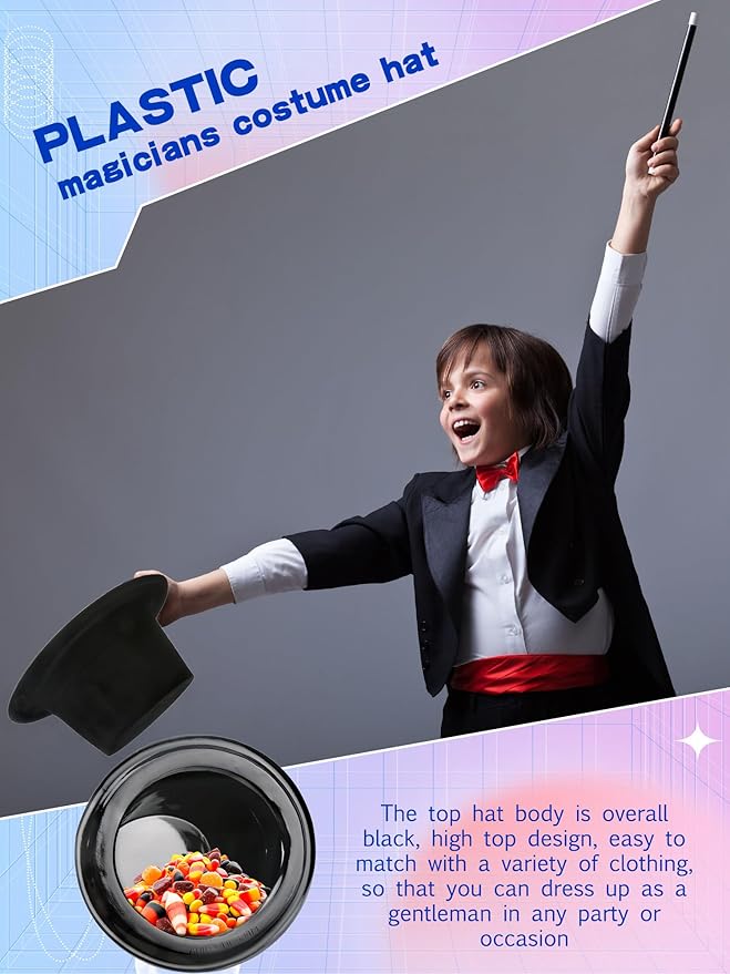 8 Pack Kids Plastic Top Hat Black Magician Hat Party Top Hat - Image 3
