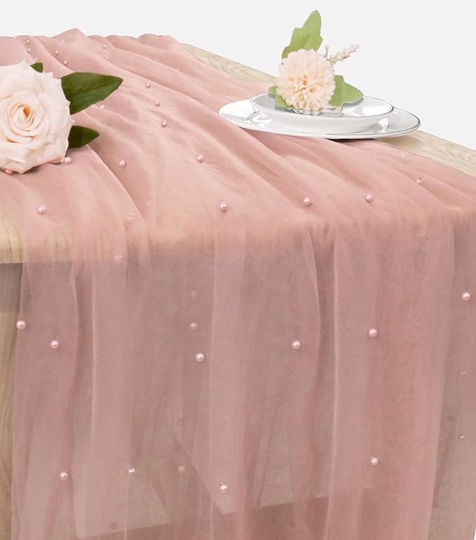 Pearl Table Runner 29 x 120 Inch Tulle Fabric Lace Table Runners Boho Rustic by JALANCY