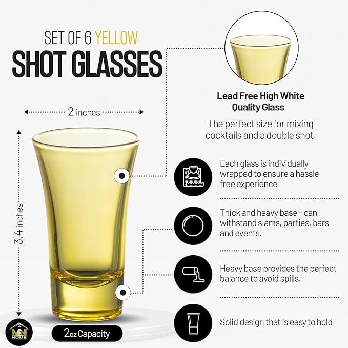 M&N HOME Yellow Shot Glass Set, 2 Oz Set of 6 Colored Shot Glasses, Whiskey - Image 5