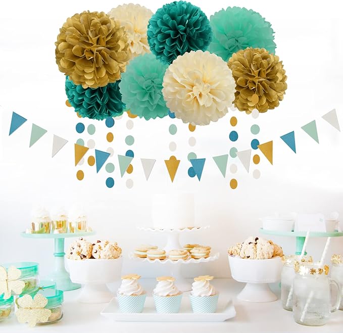Teal-Blue Mint Beige-Gold Party Decorations - Image 5