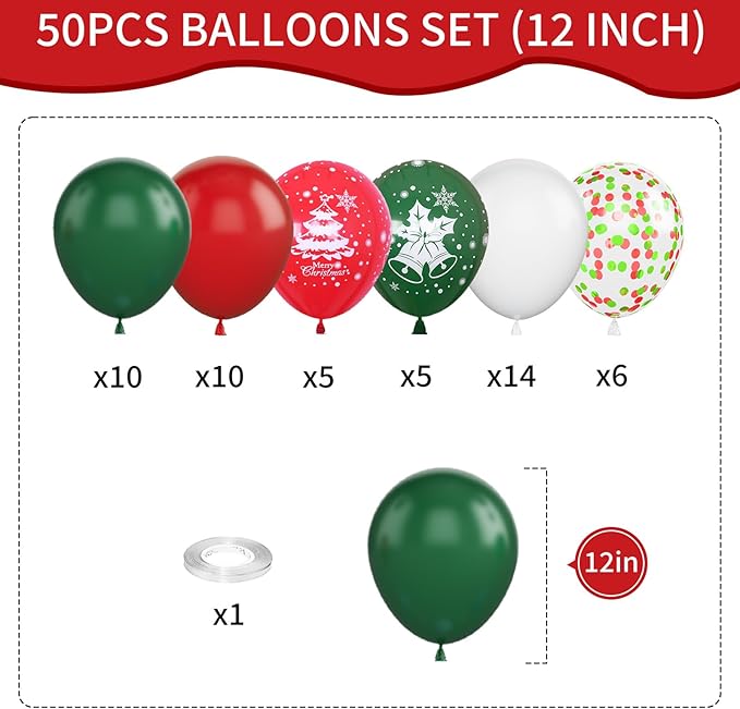 Christmas Balloons, 12 Inch Green Red White Xmax Balloons - Image 2